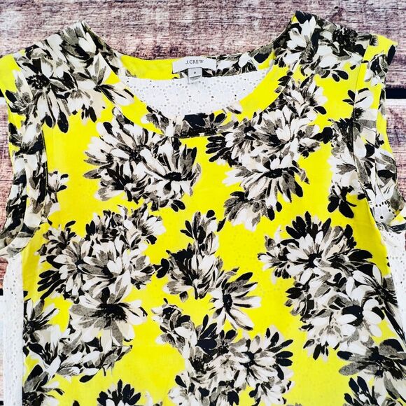 J. Crew A5859 Silk Front Yellow Floral Sleeveless Top Size 2 Daisy Eyelet Back - Picture 2 of 7